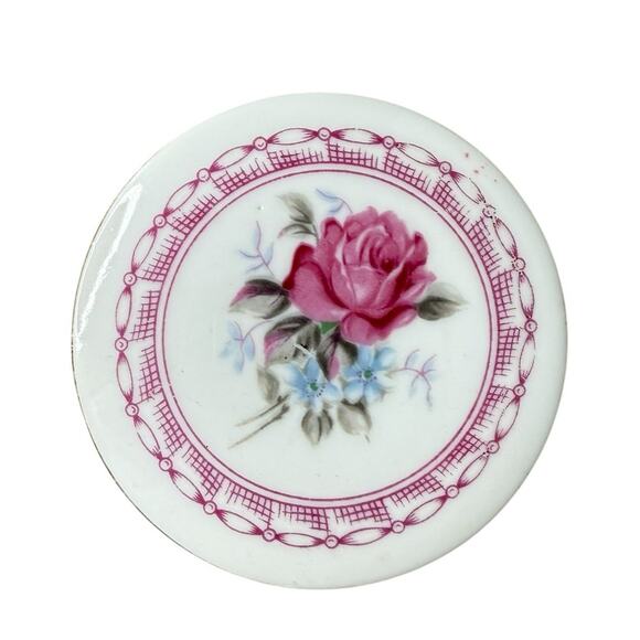 Vintage White Porcelain Trinket Box with lid gold rim and pink flower - Picture 2 of 7